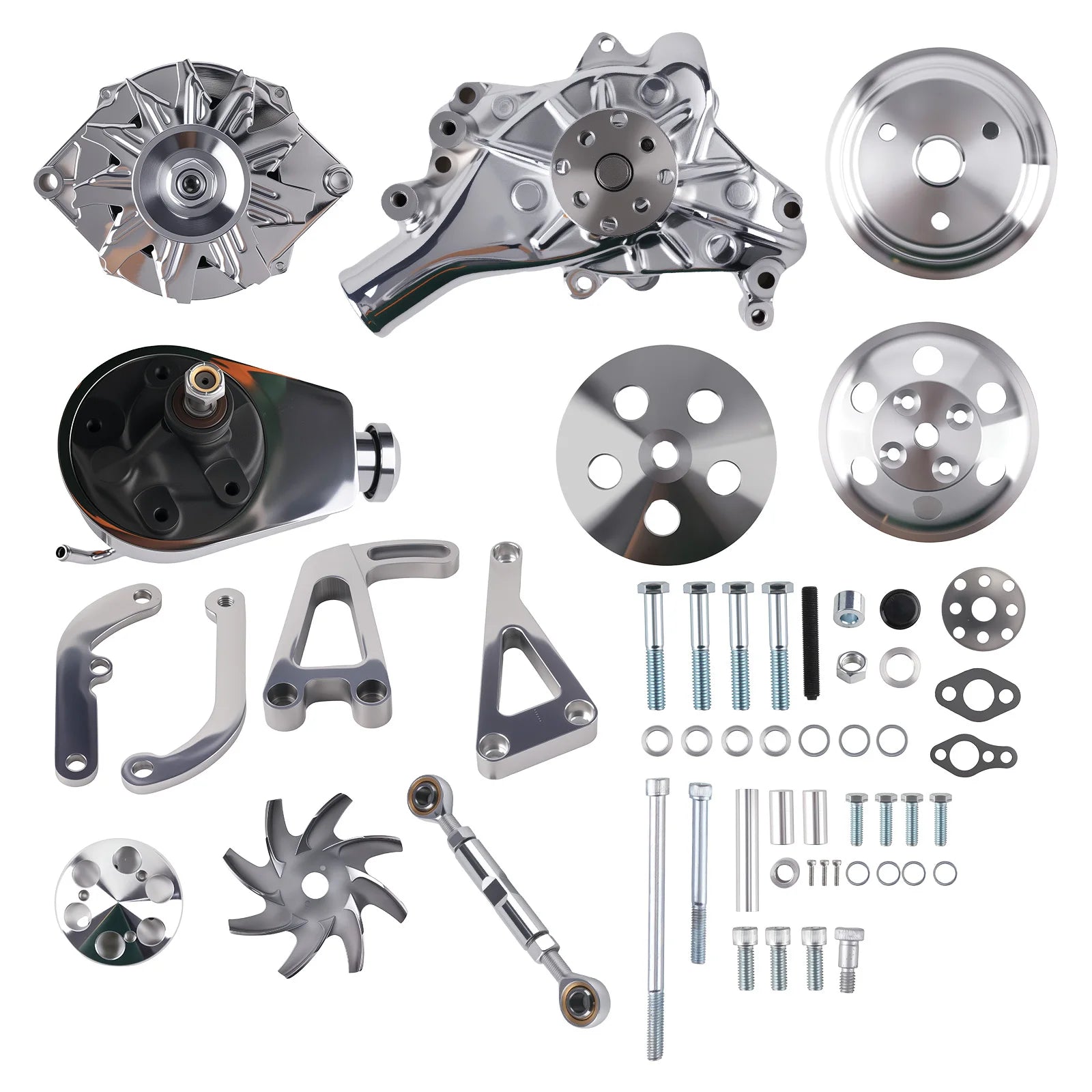 Engine Drive System Kit for Long Water Pump Applications 1958-1995 Chrome Engine Drive Pulley Set Power Steering Alternator