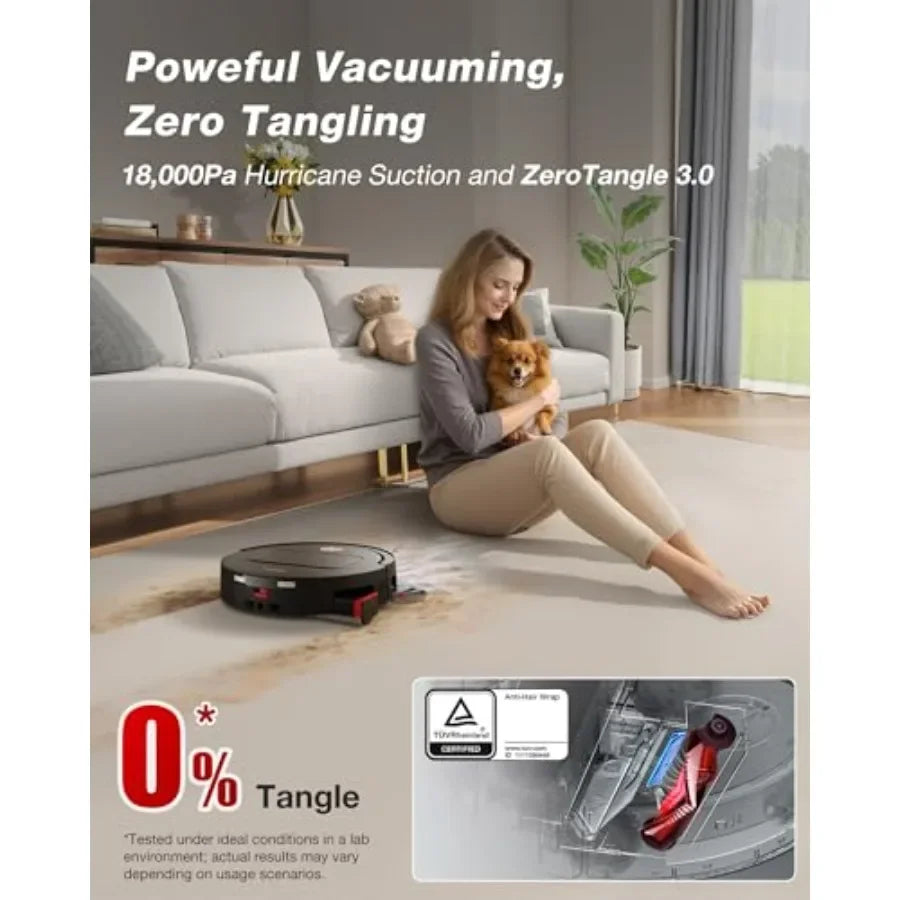Robot vacuum and mop for home use, black ABS plastic, 18000Pa suction, OZMO roller self-washing, 167 hot wash auto-dry, ZeroTan