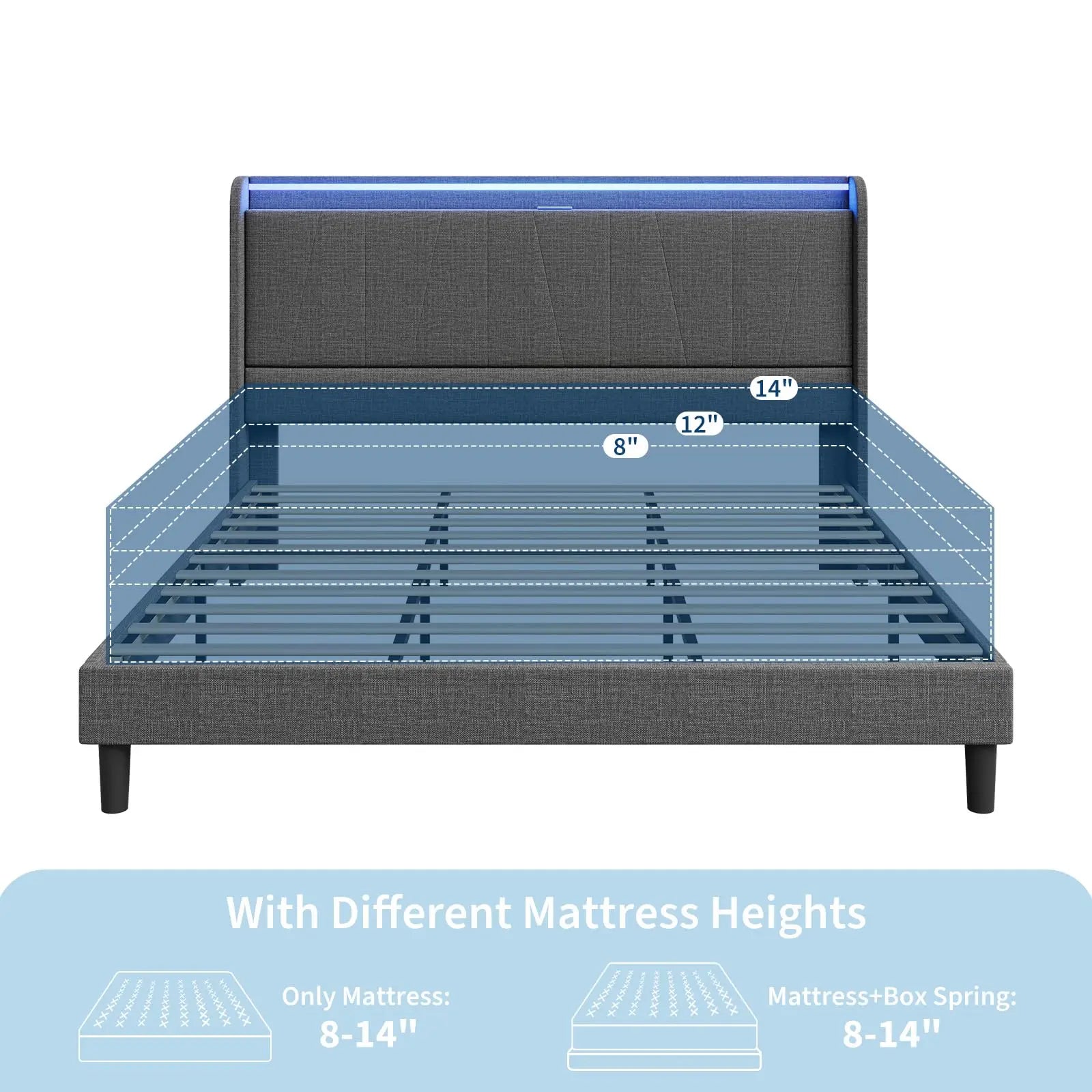 LED Bed Frame with Charging Station, Upholstered Platform Bed Frame with Headboard, Wood Slats Support, Under Bed Storage
