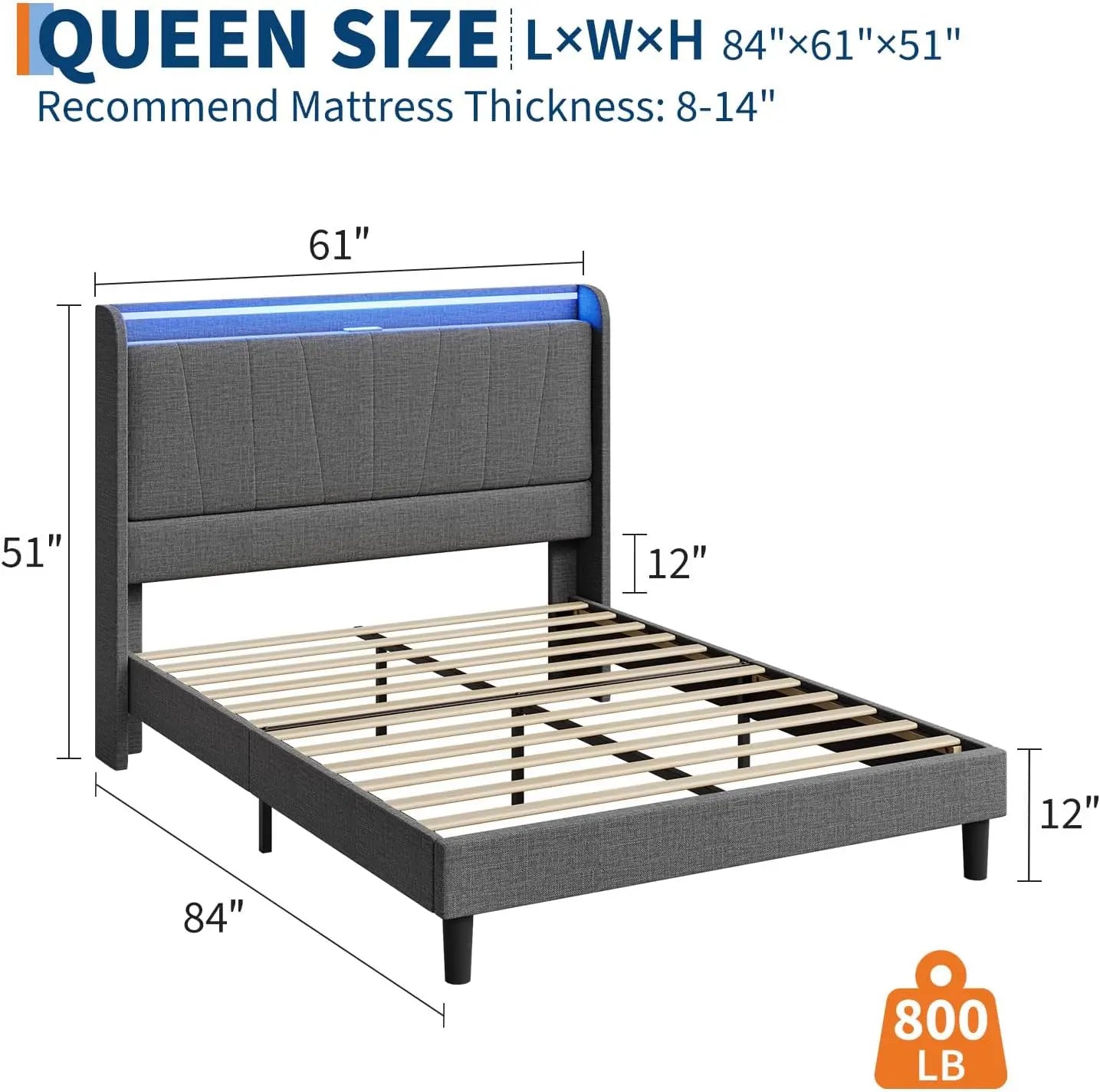 LED Bed Frame with Charging Station, Upholstered Platform Bed Frame with Headboard, Wood Slats Support, Under Bed Storage