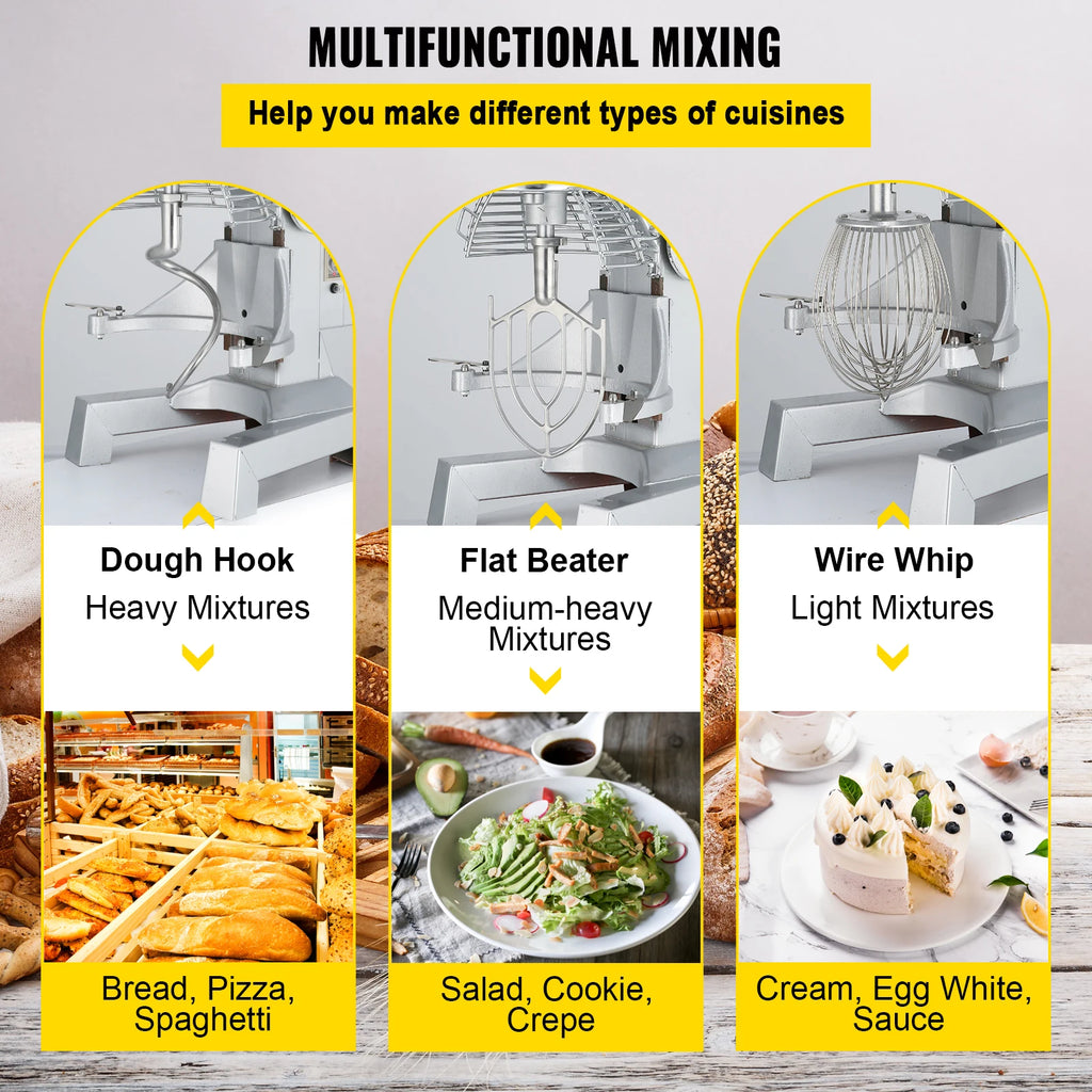 SucceBuy Commercial Food Mixer 10Qt 450W 3 Speeds Adjustable 110/178/390 RPM Heavy Duty Stainless Steel Whisk Beater Premium