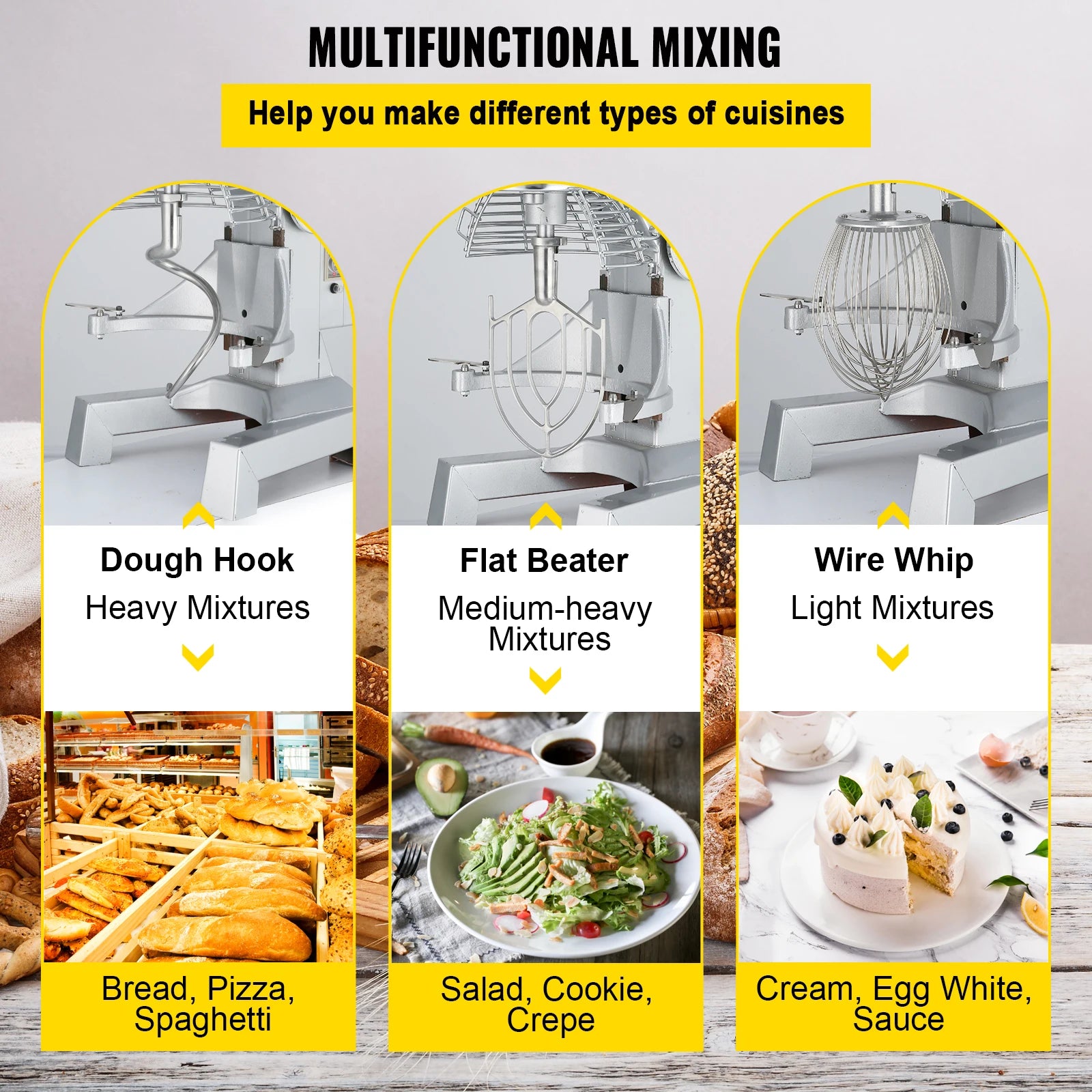 SucceBuy Commercial Food Mixer 10Qt 450W 3 Speeds Adjustable 110/178/390 RPM Heavy Duty Stainless Steel Whisk Beater Premium