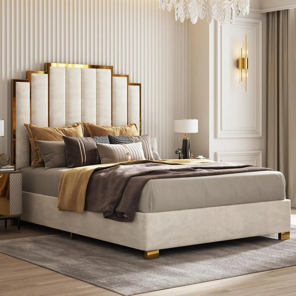 Upholstered Bed Modern Velvet Bed Frame with 61.4\u201d Tall Gold Trim Headboard No Box Spring Needed Cream