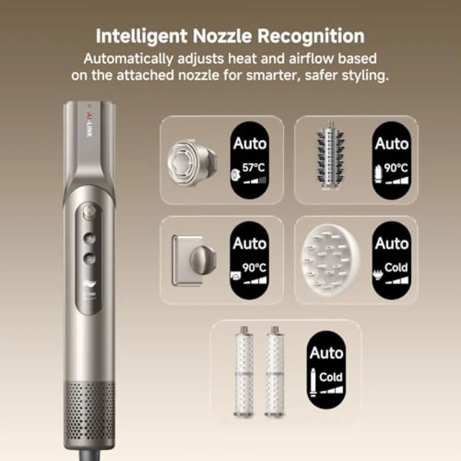 Hair styler and dryer for home use, ceramic-coated, black, intelligent nozzle recognition and 110, 000RPM motor for fast drying