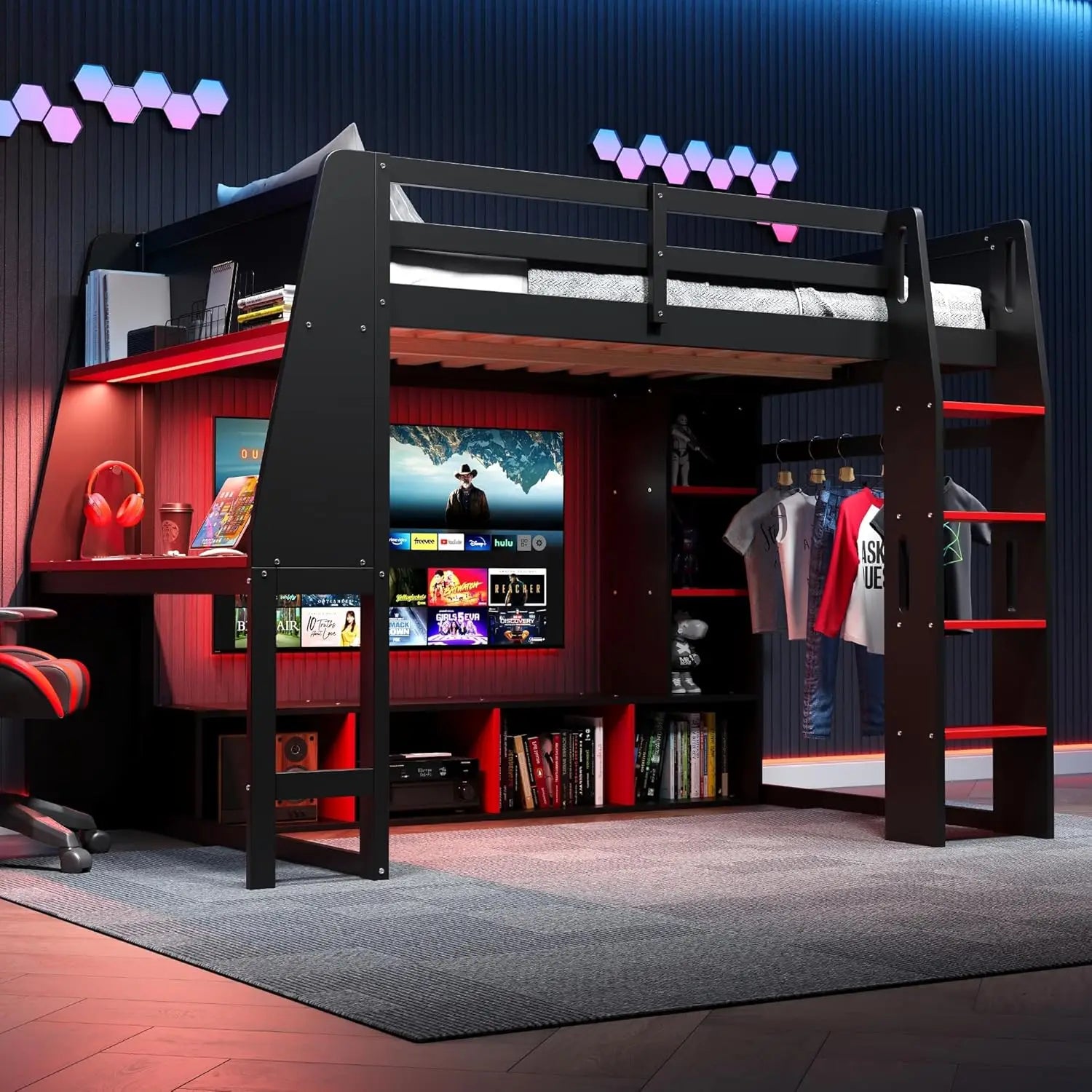 Full Size Gaming Loft Bed with Desk & LED Lights, Solid Wood Loft Bed with Open Wardrobe and Storage Shelves, Full Gaming Bed wi