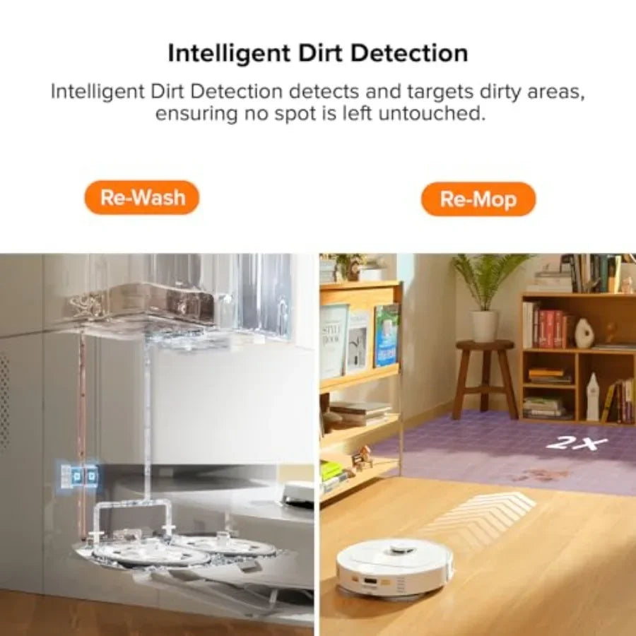 Robot vacuum and mop for home use, ABS plastic, black, FlexiArm edge mopping, dynamic hot water wash, auto drying, intelligent