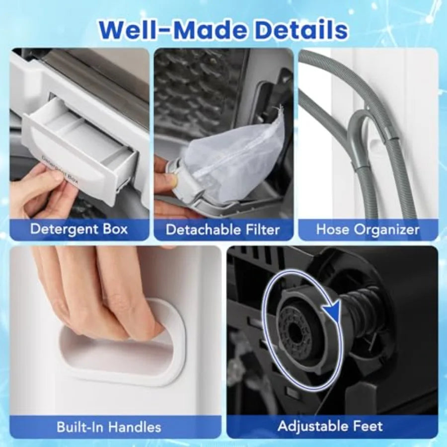 Portable washing machine for apartment and RV use, white plastic unit with full automatic operation, 8 wash modes, 10 water lev