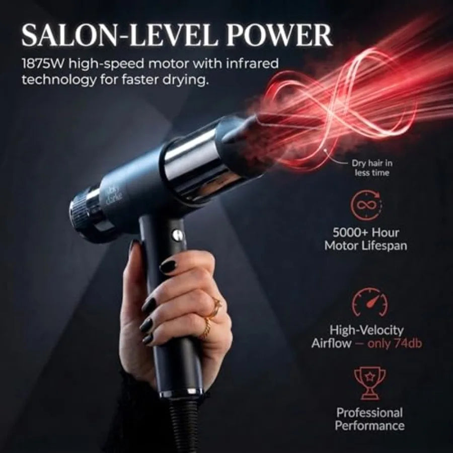 Hair dryer for salon styling, infrared ionic technology, black, fast drying and quiet operation with self-cleaning function and