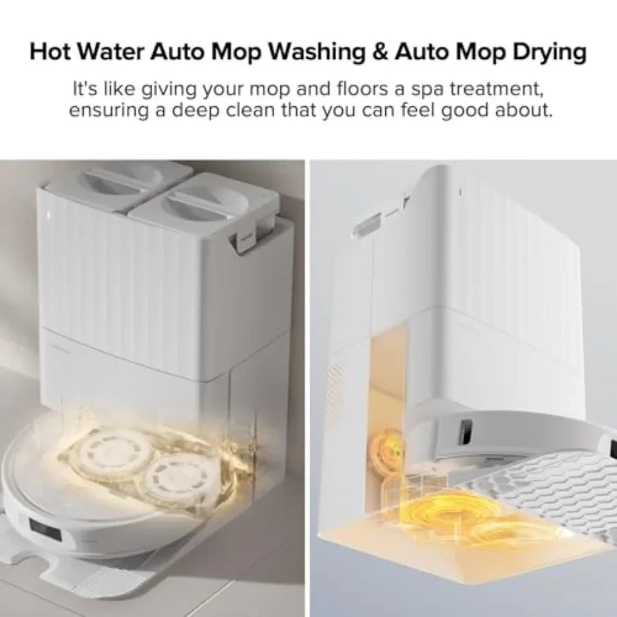 Robot vacuum and mop for home use, ABS plastic, black, FlexiArm edge mopping, dynamic hot water wash, auto drying, intelligent