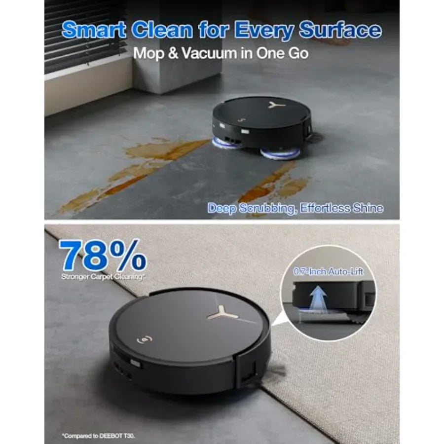 Robot vacuum and mop for home use, ABS plastic, black, 18500Pa suction with auto-lift mop, zero-tangle brushes, AIVI 3.0 obstac