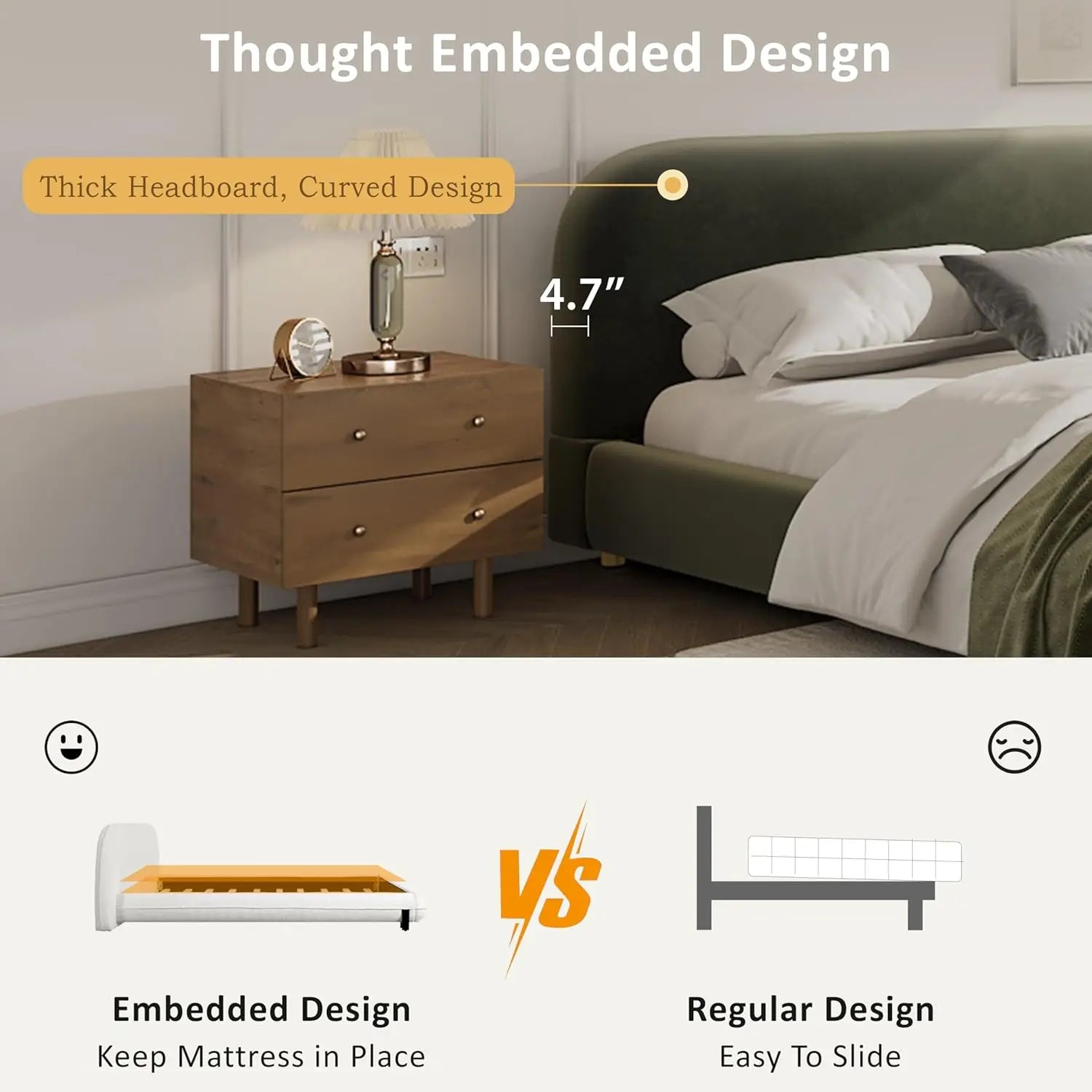 King Size Upholstered Bed Frame, Platform Beds with Curve Shaped Headboard, Soft Cloud Bedframe, Wood Slats, Customized