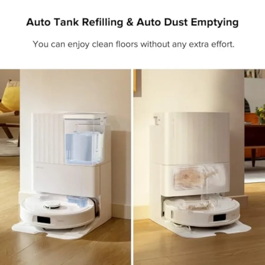 Robot vacuum and mop for home use, ABS plastic, black, FlexiArm edge mopping, dynamic hot water wash, auto drying, intelligent