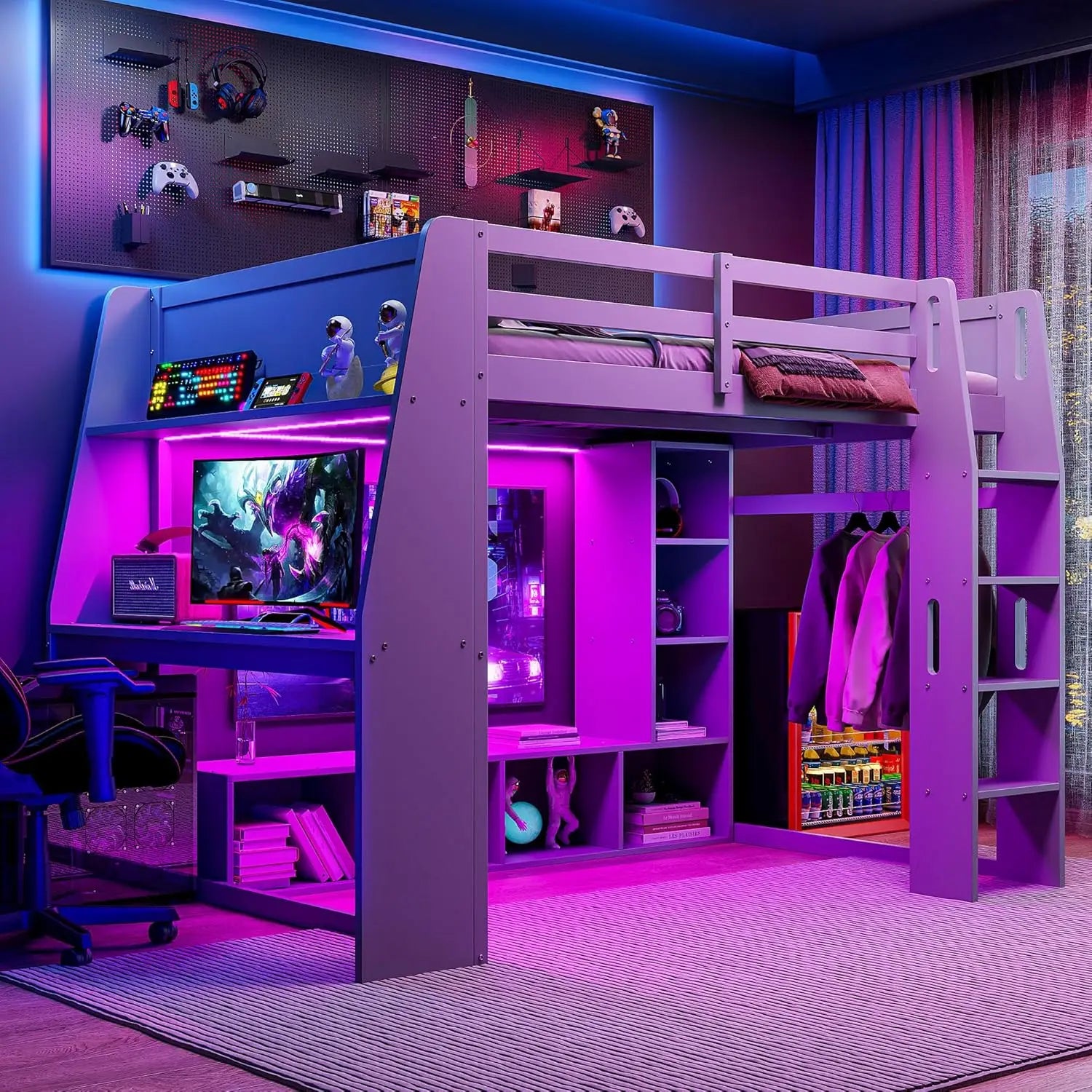 Full Size Gaming Loft Bed with Desk & LED Lights, Solid Wood Loft Bed with Open Wardrobe and Storage Shelves, Full Gaming Bed wi