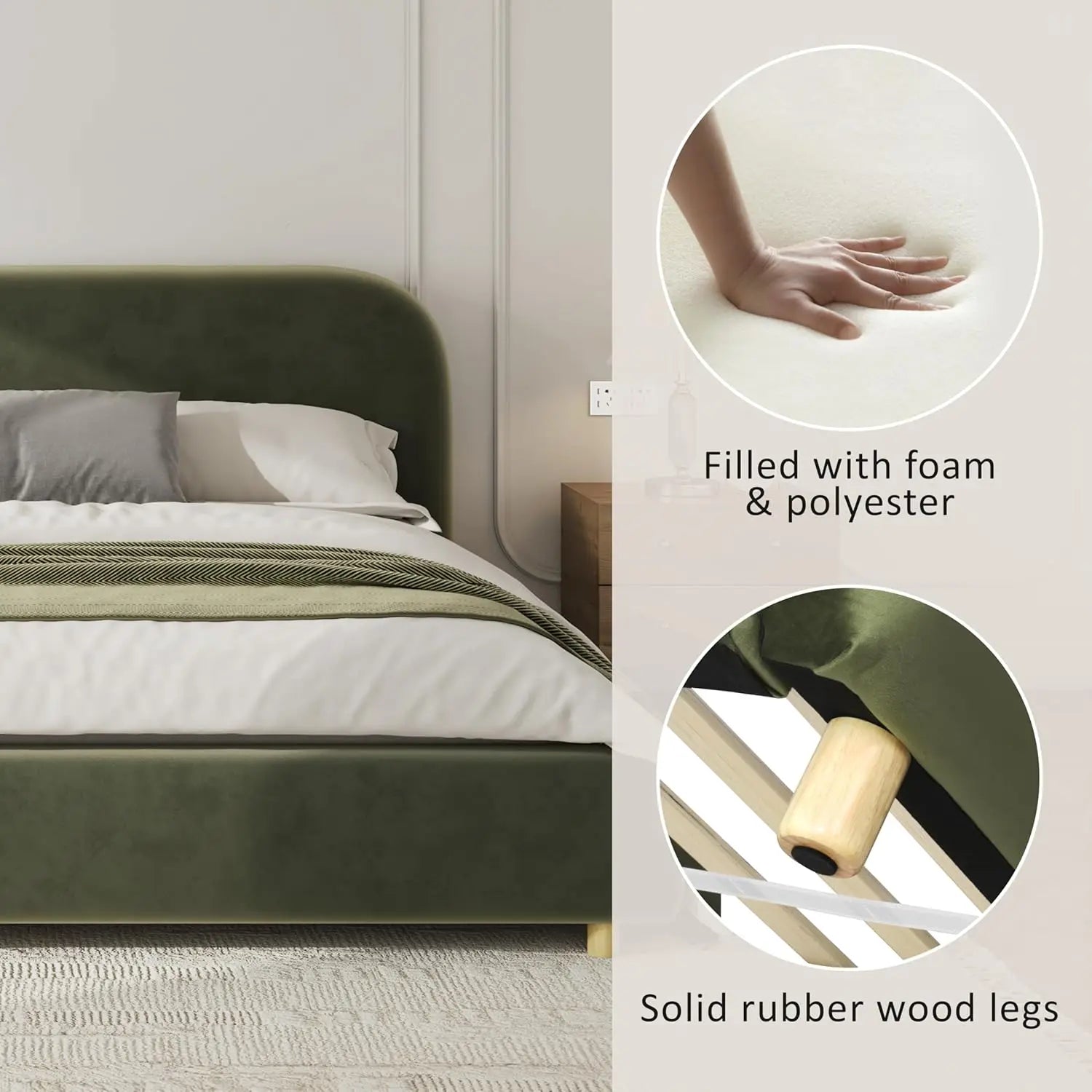 King Size Upholstered Bed Frame, Platform Beds with Curve Shaped Headboard, Soft Cloud Bedframe, Wood Slats, Customized