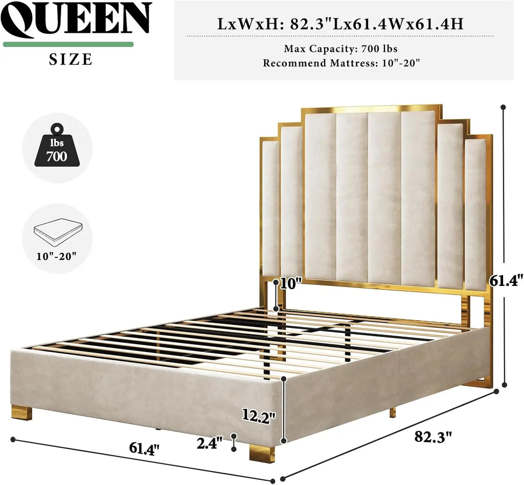 Upholstered Bed Modern Velvet Bed Frame with 61.4\u201d Tall Gold Trim Headboard No Box Spring Needed Cream