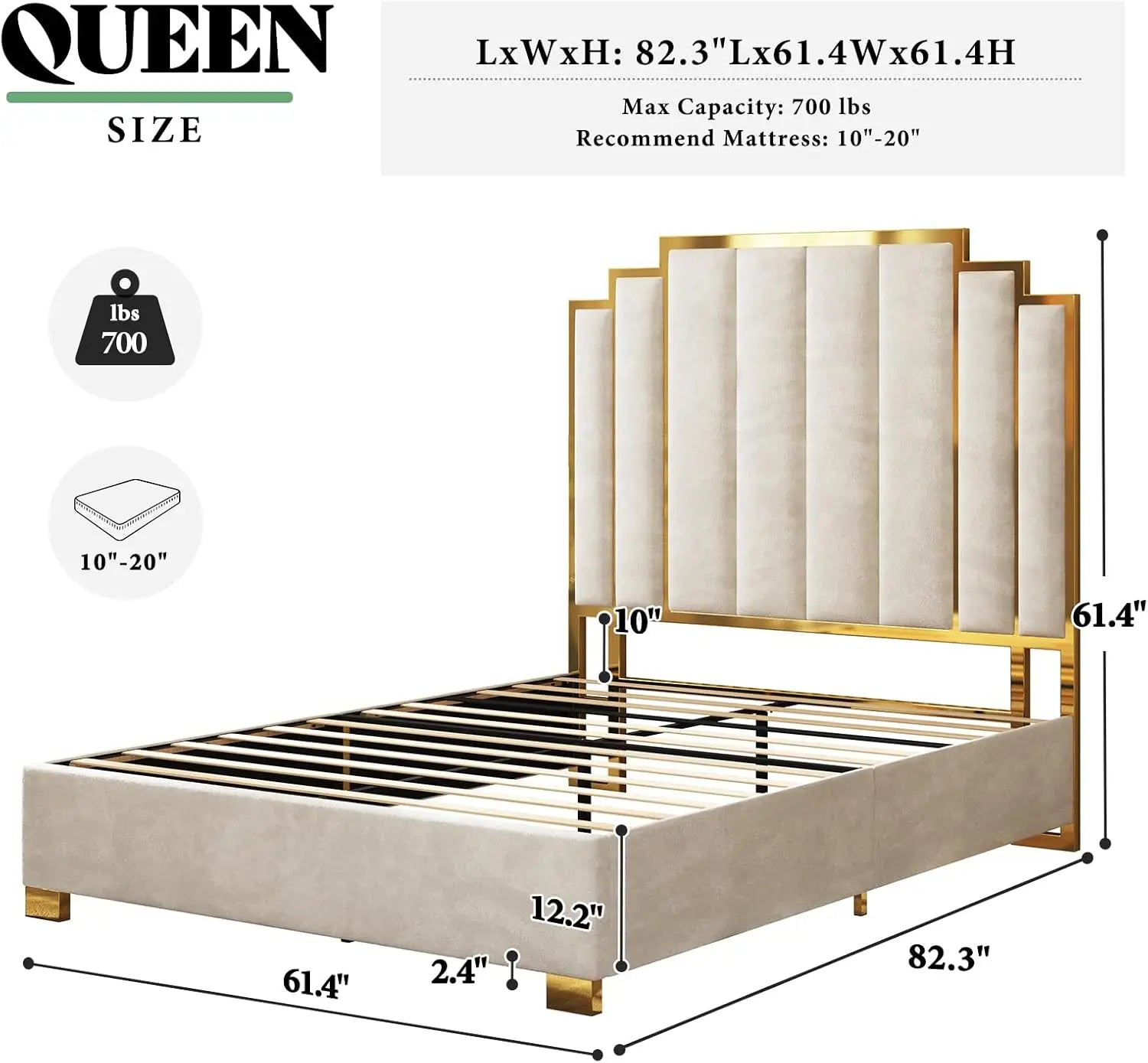 Upholstered Bed Modern Velvet Bed Frame with 61.4\u201d Tall Gold Trim Headboard No Box Spring Needed Cream