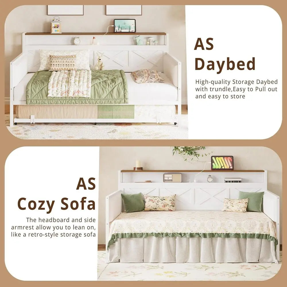 IRONCK Daybed with Trundle, Sturdy Metal Twin Bed Frame with X-Shaped Frame, Upholstered Farmhouse Daybed with Charging Station