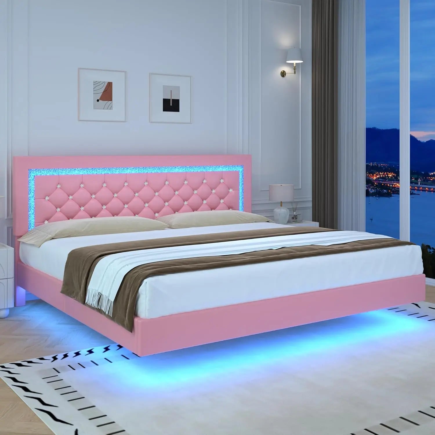 Pink Floating Bed Frame  with LED Lights Upholstered Platform Bed with Diamond Tufted Headboard No Box Spring Needed Noise Free